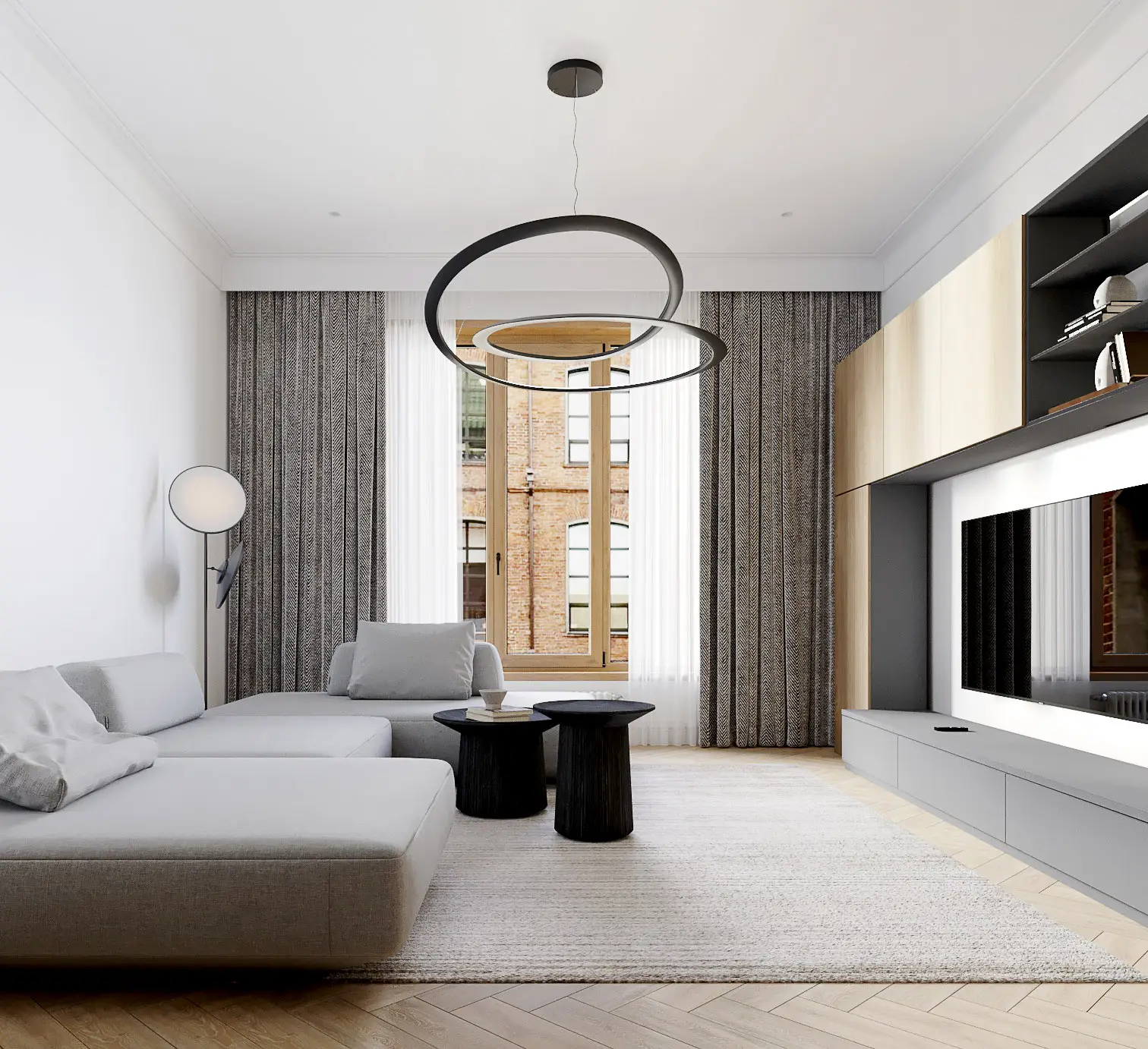 Minimalist Living Room with TV Wall – Pirogovskaya 14 Minimalist European living room with built-in media wall, grey sofa, and designer ring light