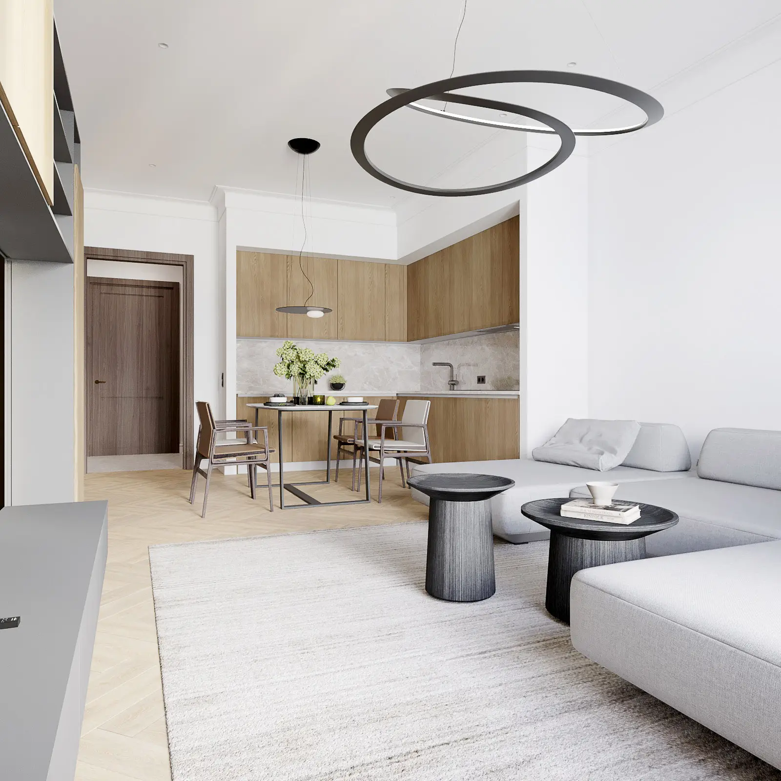 Contemporary Open-Plan Kitchen and Living Room – Pirogovskaya 14 Open-plan modern European interior with minimalist kitchen and light grey living room — design by Evgenia Ermolaeva
